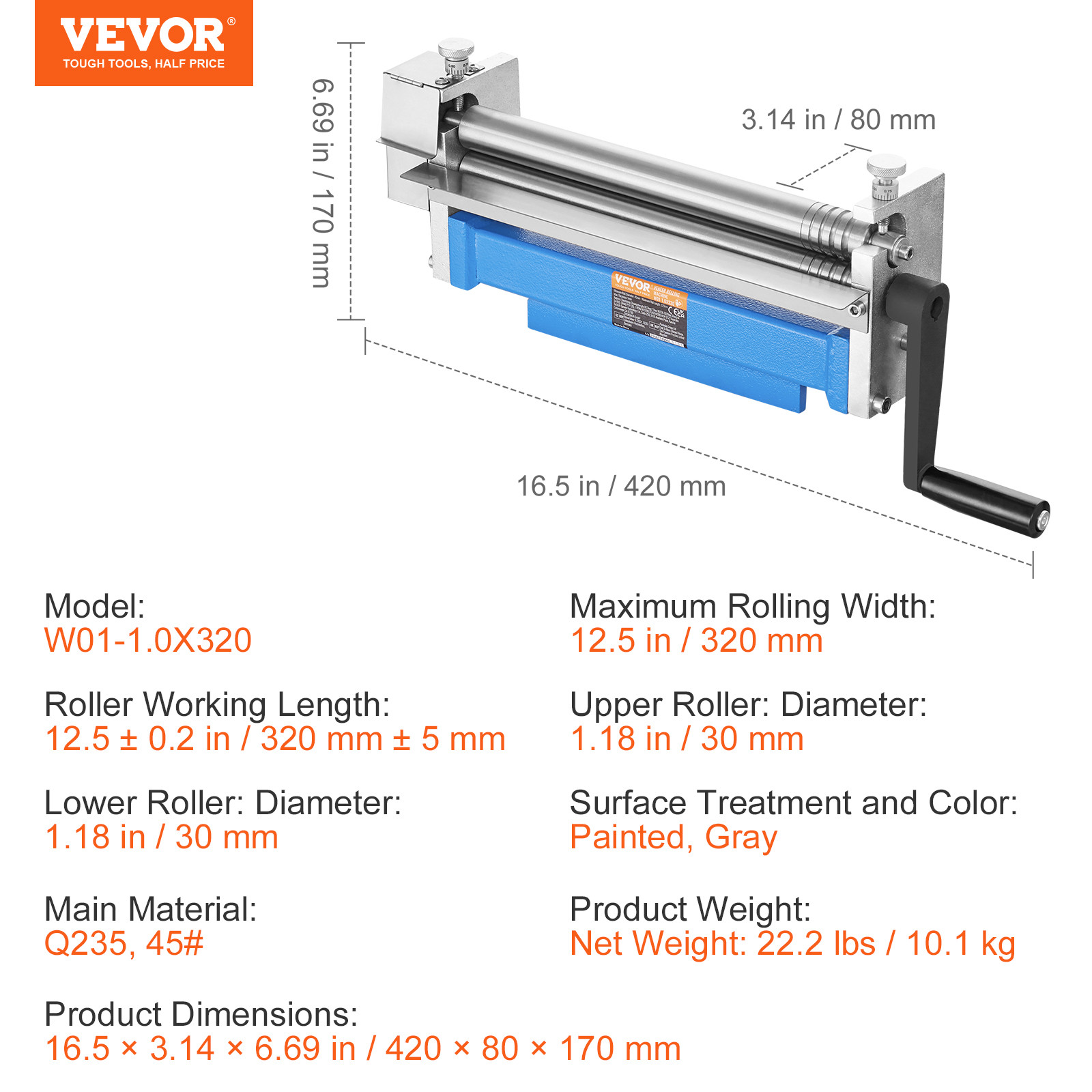 VEVOR Slip Roll Machine Sheet Metal Slip Roller 12.6'' x 20 Gauge φ1.18 in