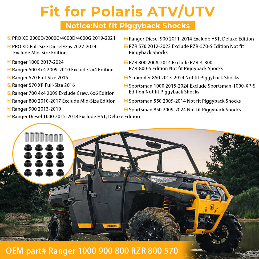Front& Rear Shock Bushing Sleeve Kit for Polaris Ranger 500 570 700 800 900 1000