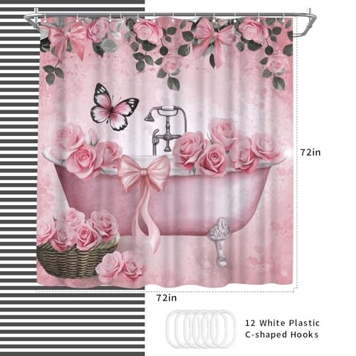 Bow Shower Curtain Rose Flower Butterfly Bathtub Painting Printed Cute Pink