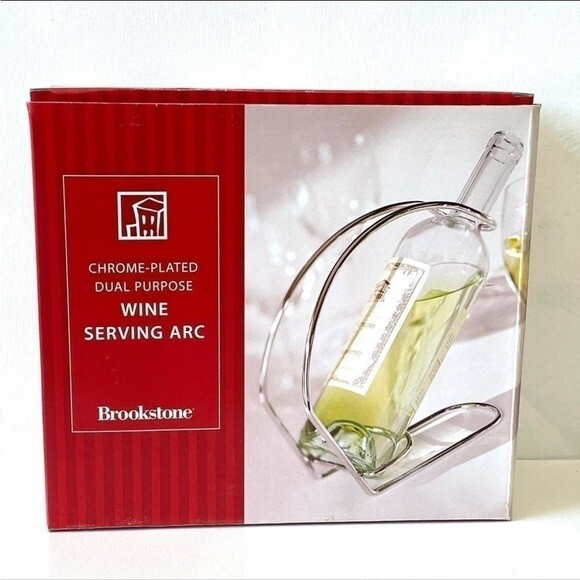 Brookstone Chrome Wine Holder Serving Arc Bottle Cradle Decanter Stand NIB