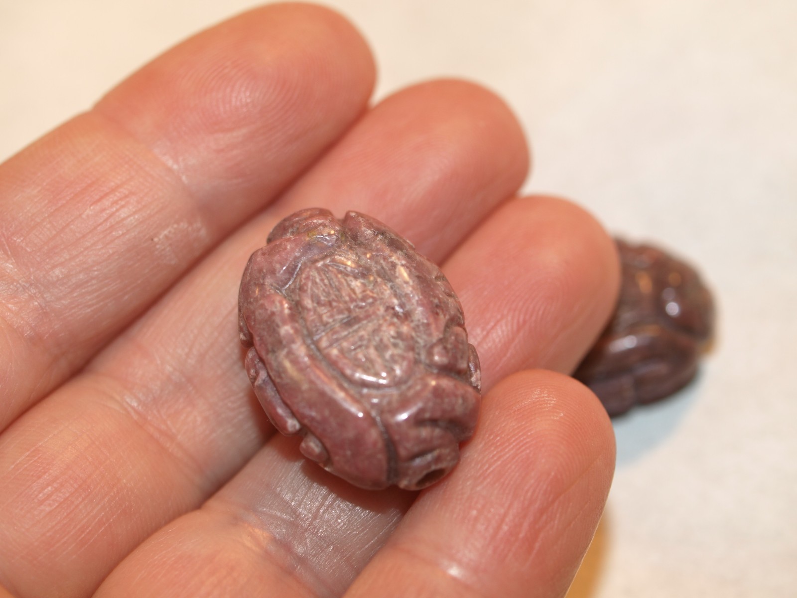 Vintage Carved Chinese Bead Rhodonite Shou Design 25mm x 18mm x 10mm Flat Oval