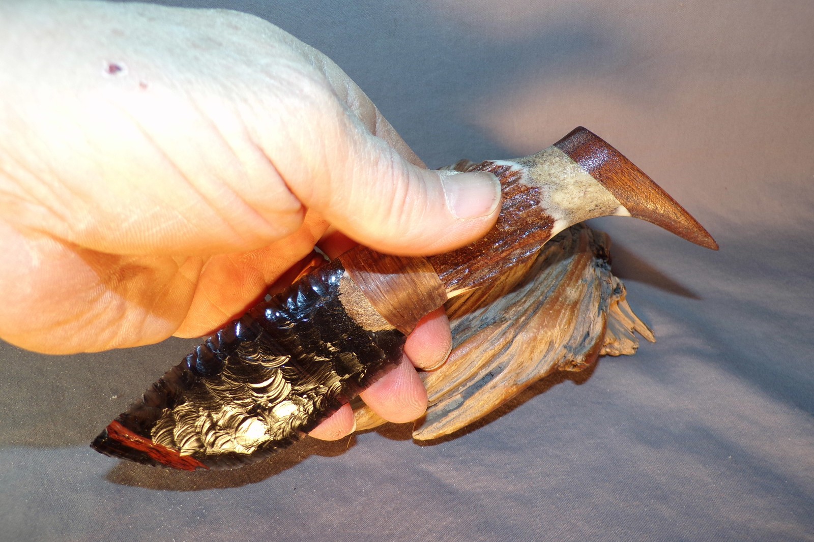 Tri Flow Obsidian Cody Knife W Elk Antler & Walnut End Cap Handle Flintknapping