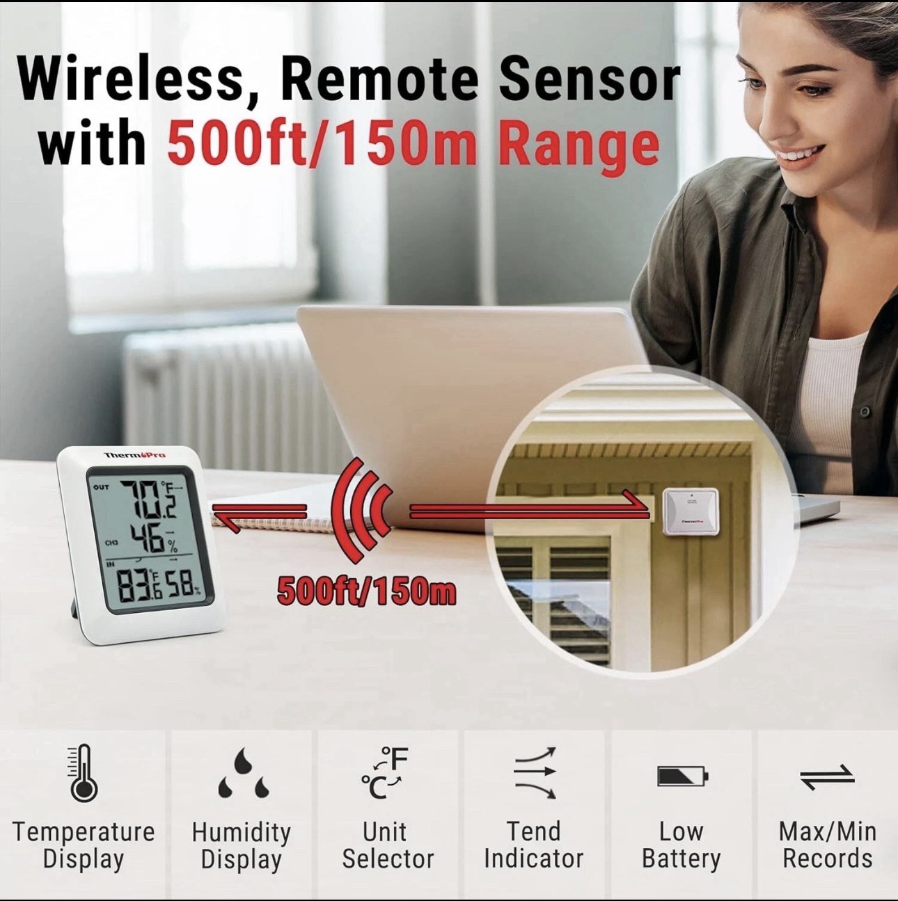 Thermopro TP60 Digital Hygrometer Indoor Outdoor Thermometer Wireless 500F Range