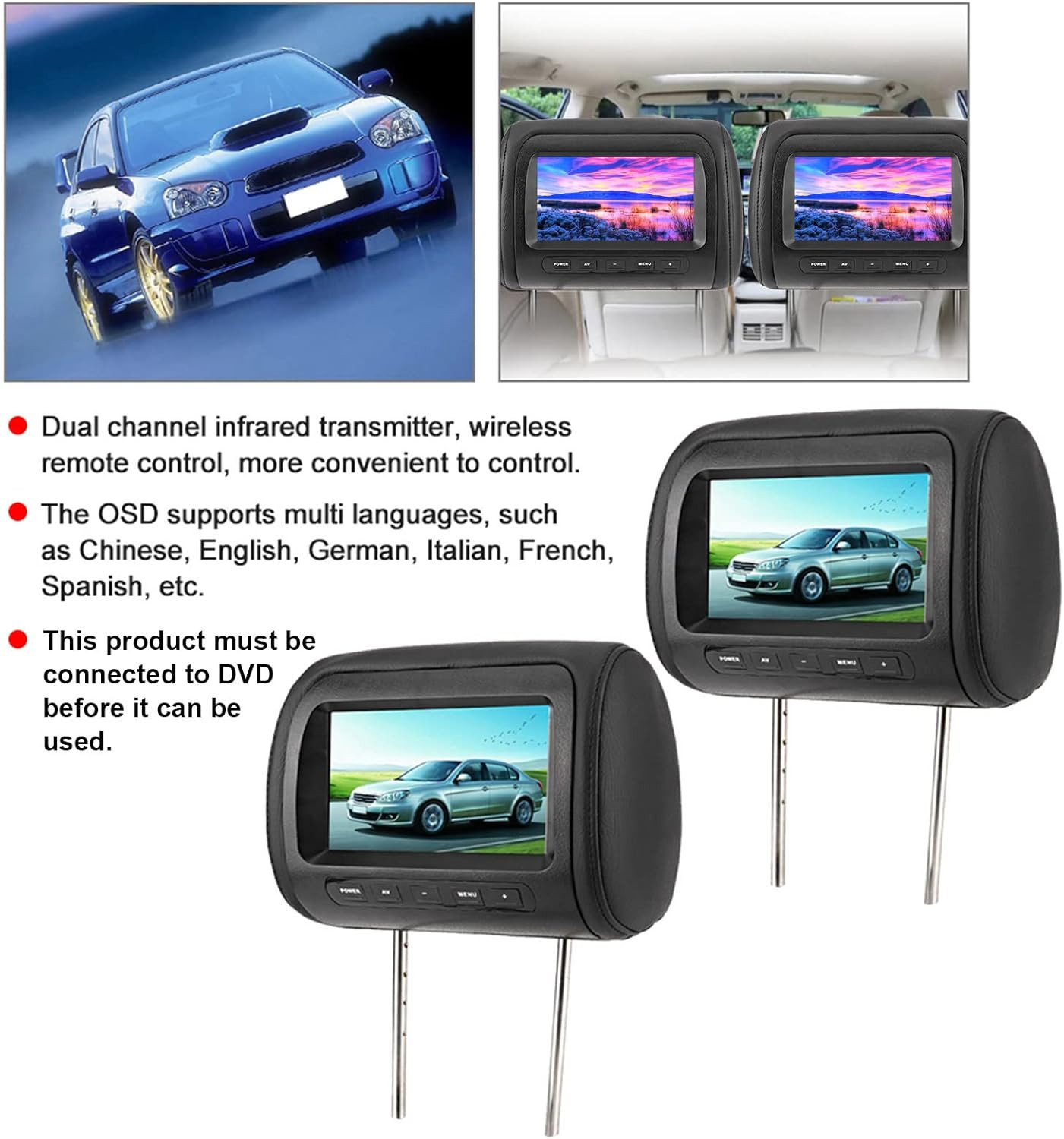 Car Tv for Back Seat, 2Pcs 7 in Control Headrest LCD Video Monitor MP5 Display B