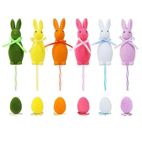 6 PCS Flocked Easter Bunnies Decors Set with 6 Colorful Eggs & Stakes, Rabbits