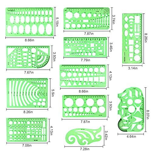 11PCS Geometric Drawings Templates, Drafting Stencils Measuring Tools,
