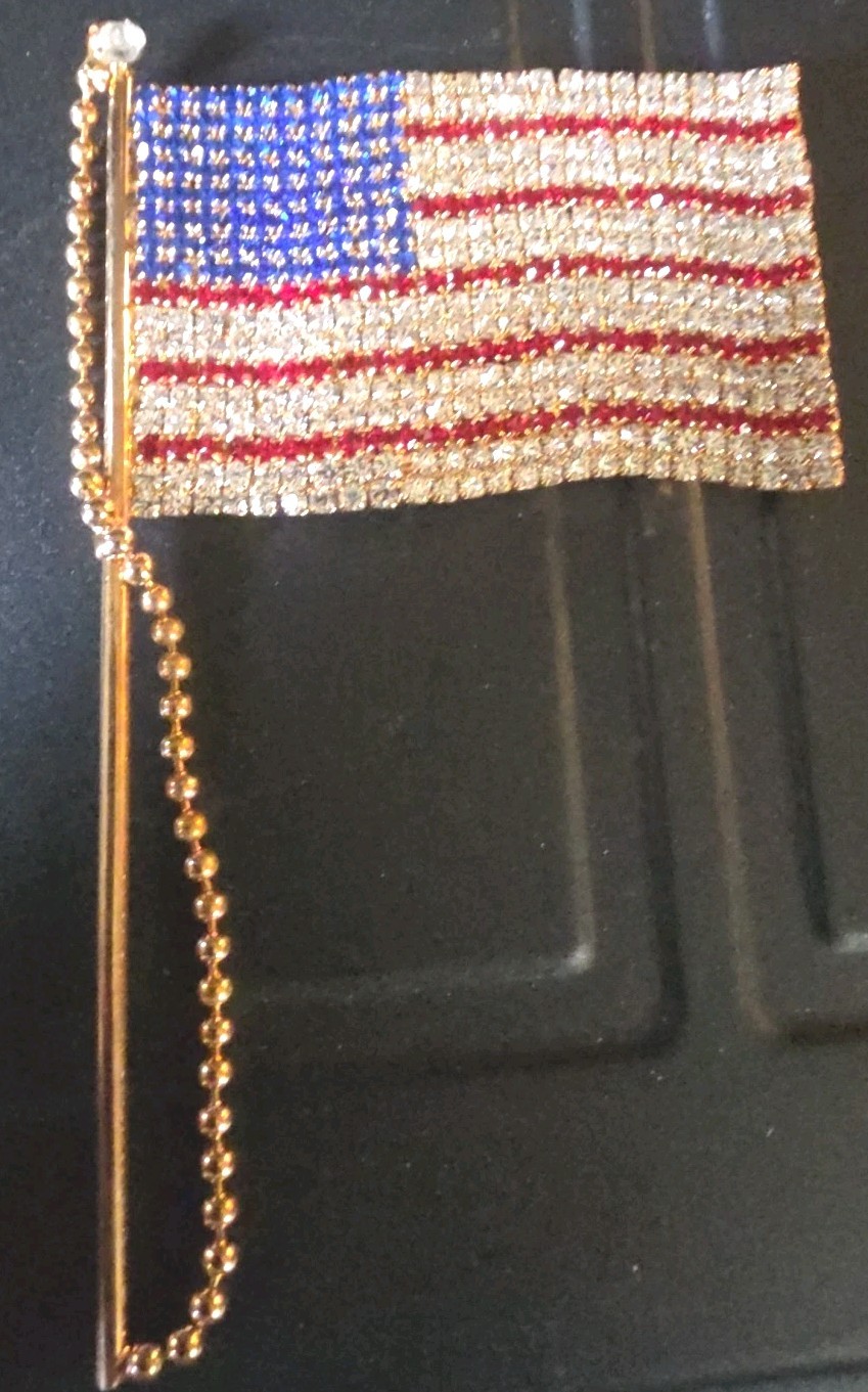 Vintage Rhinestone Flag Pin New Old Stock Brooch Free Shipping