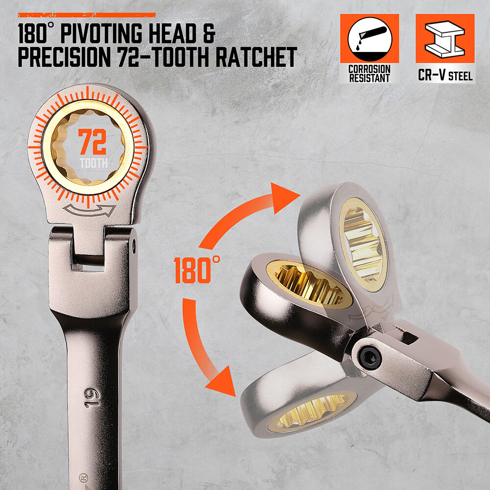 18 PC Flex Head Ratcheting Wrench Set 6 - 30 MM Combination End Spanner & Pounch