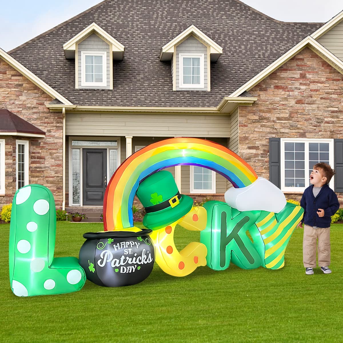6.5 Ft Long St Patricks Day Inflatables Lucky Letters with Gold Pot and Rainb...