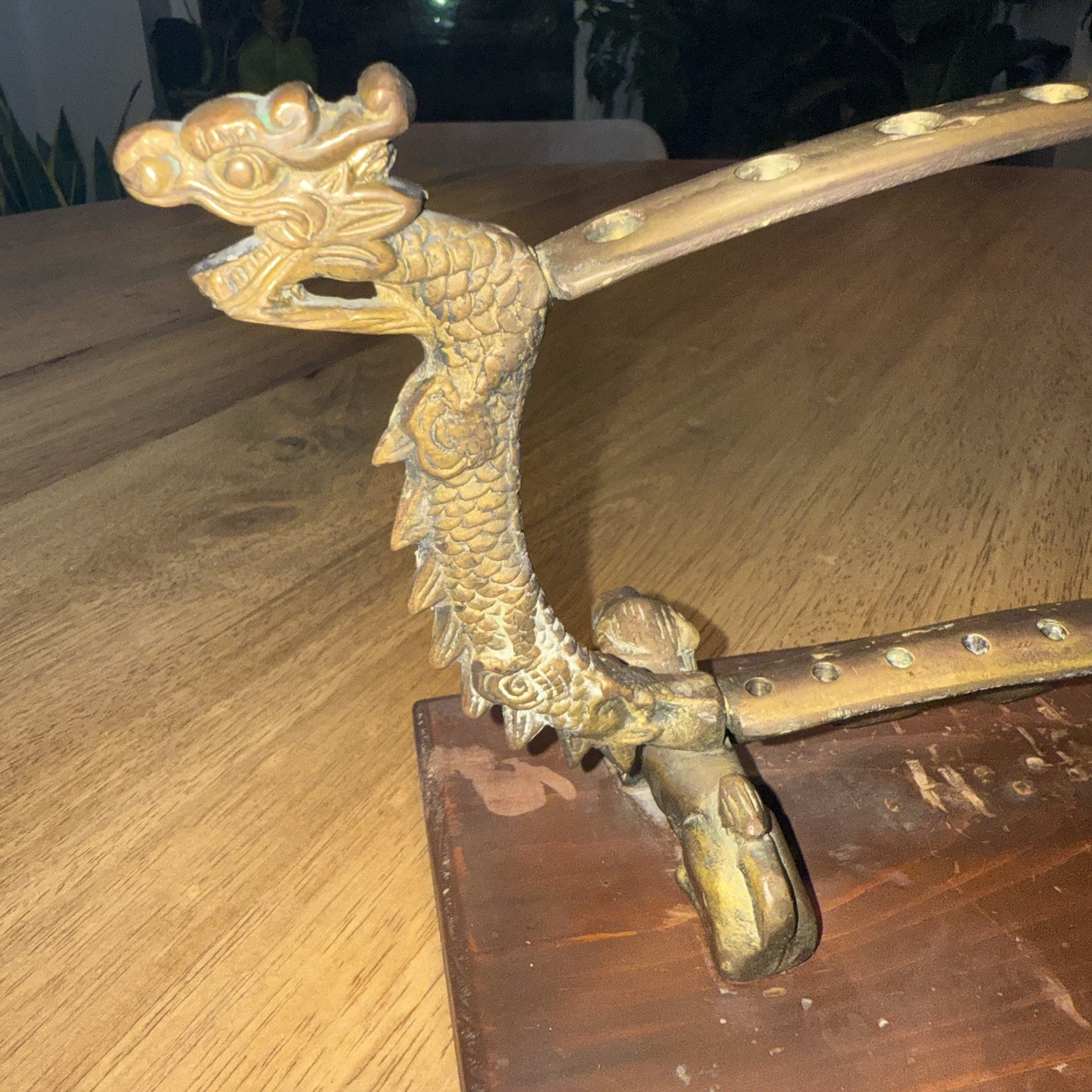 Vtg Chinese Metal Dragon Incense Burner Stand Wood Base Ornate Mythical Motif