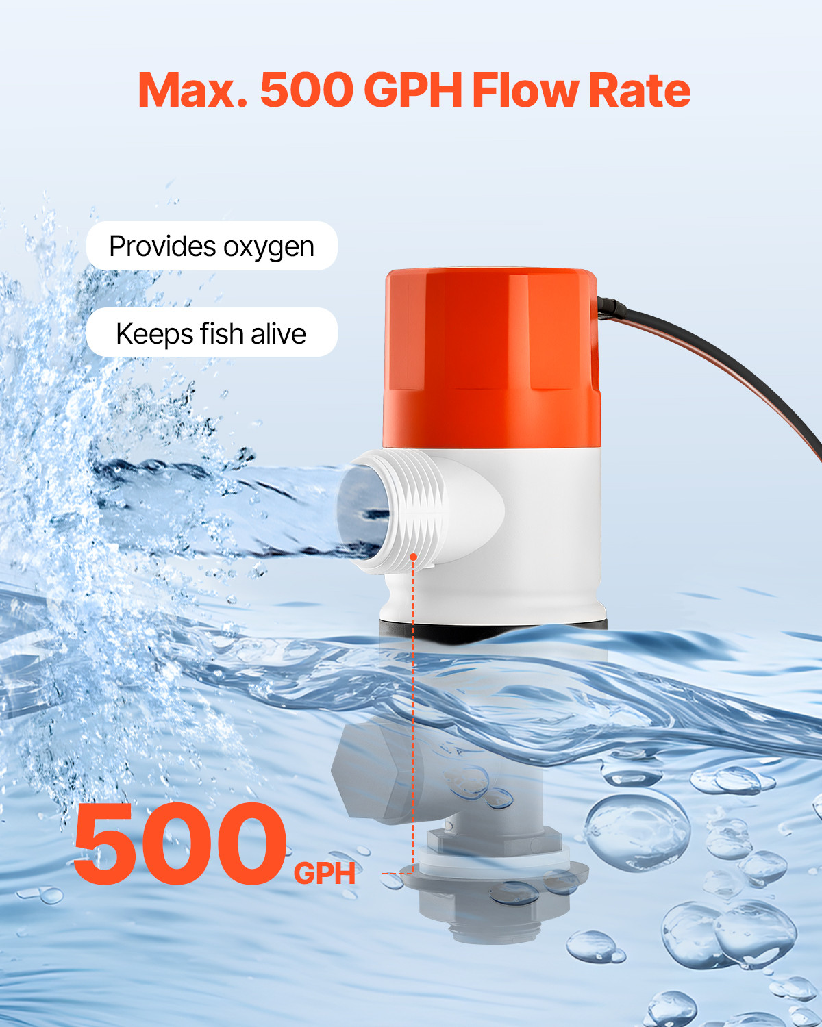 Livewell Pump for Boat 12V 500 GPH Livewell Aerator Pump Straight 2 Inlets