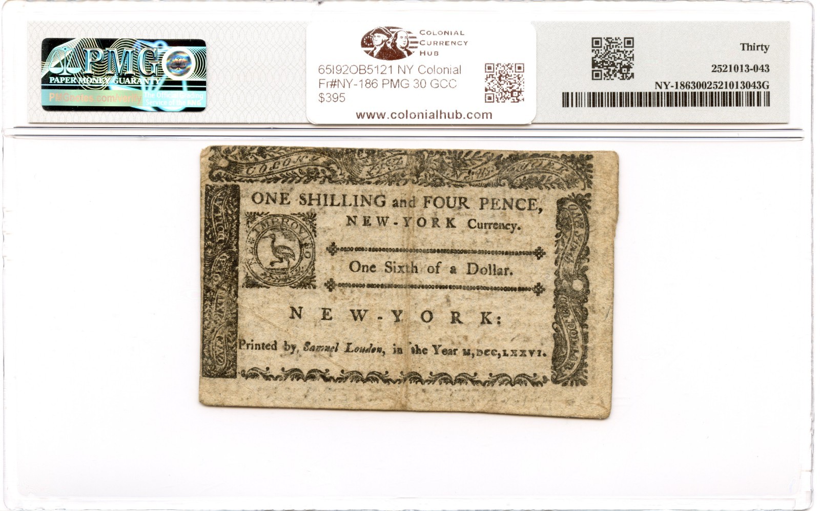 New York Colonial Note Fr#NY-186 March 5, 1776 $1/6 PMG VF-30 GCC Green