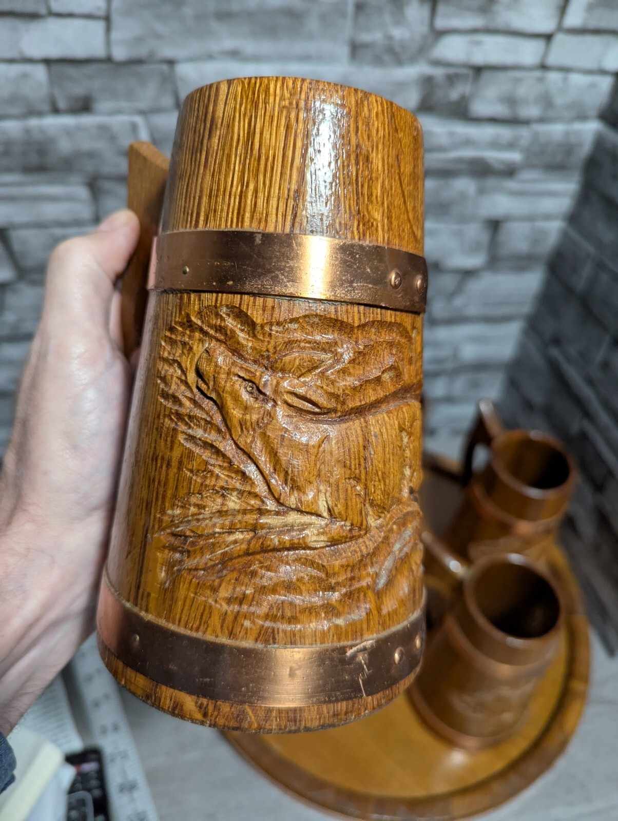 Vtg Set Of 5 Wood & Copper Beer Mug Stein Tankard Cups w/Tray Viking Bar Decor