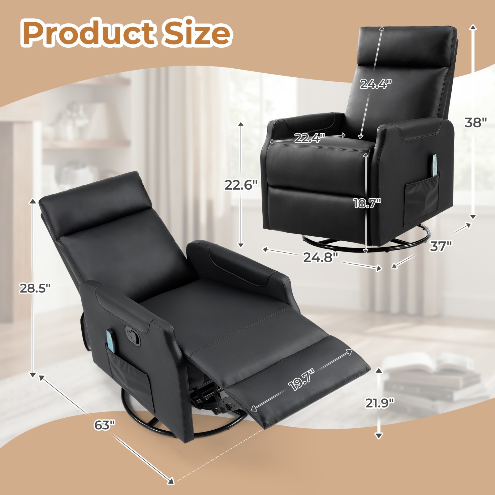 EBELLO Manual Swivel Recliner Chair with Massage & Heat, PU Leather Rocker Chair