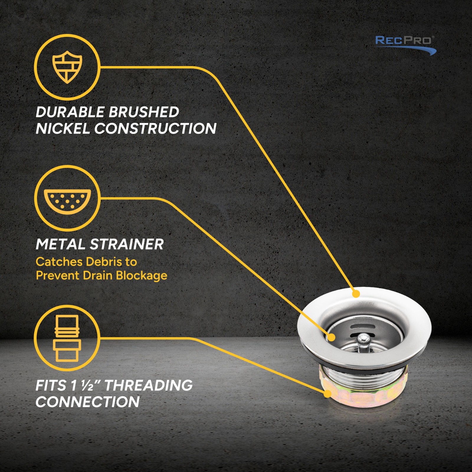RecPro RV Brushed Nickel Sink Drain | Removable Strainer Basket | Fits 2" Drain