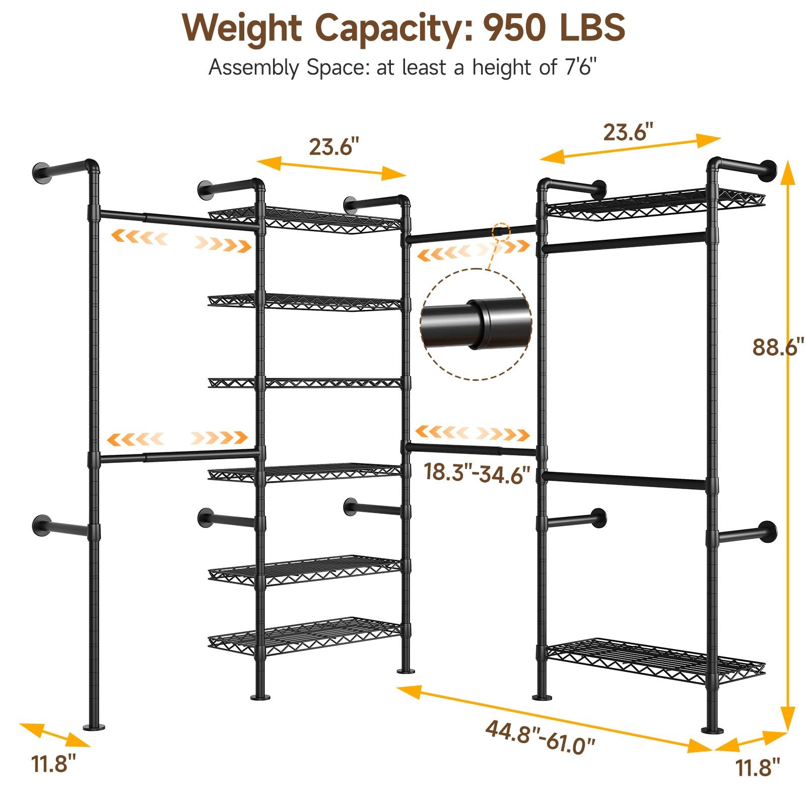 L4 Wall Mounted Industrial Pipe Clothing Rack, Closet Organizer System