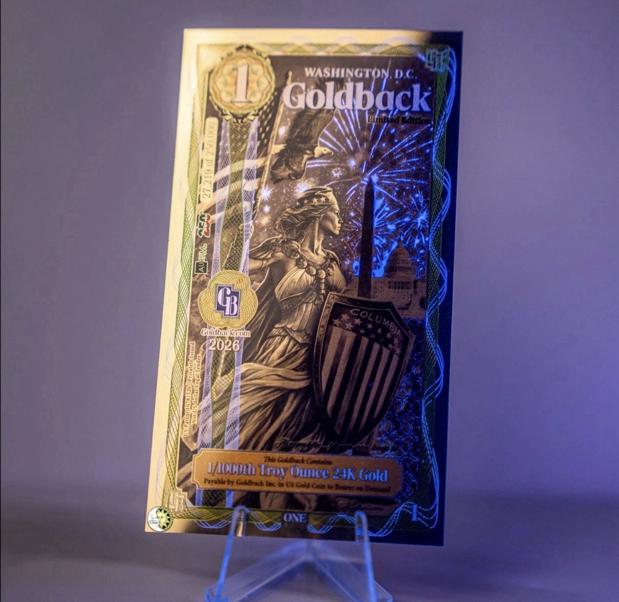 1 WASHINGTON DC GOLDBACK AURUM 24K GOLD 1/1000 OZ BU + GB SLEEVE 🔥