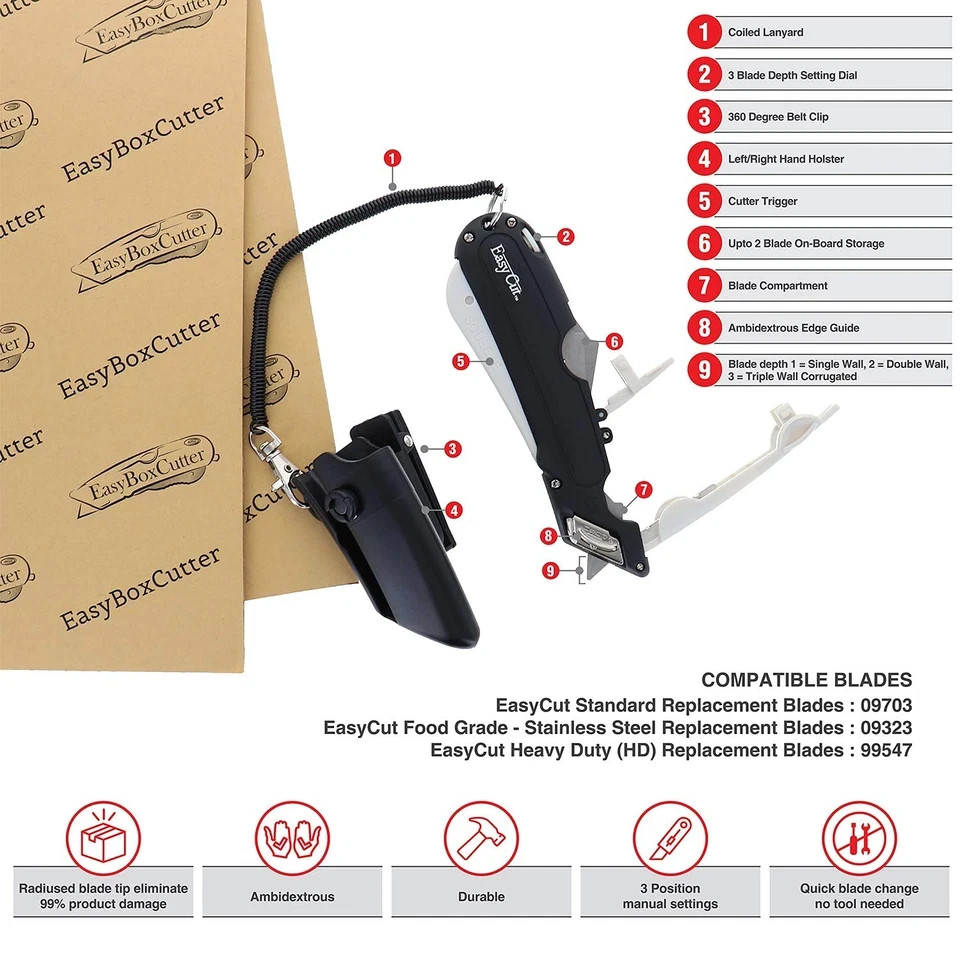 Easy Cut Genuine 1000 White Safety Box Cutter Knife, 3-Depth Blade & Holster