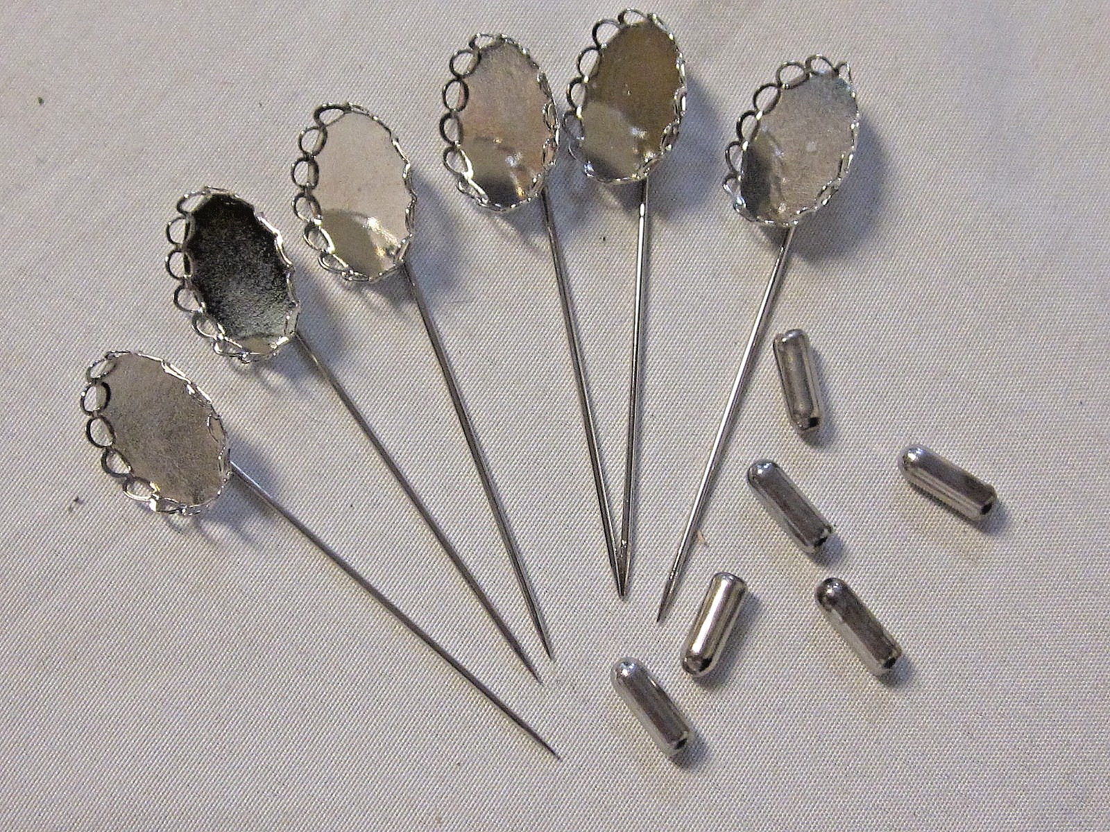 6 Bezel Stick Pins RHODIUM SILVER Plated 13X18mm Oval Cameo Settings w/ Clutches