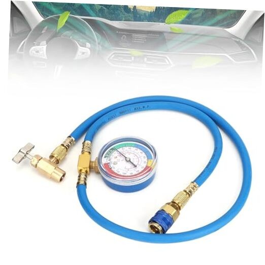 R134A Recharge Hose Kit with Gauge, AC Refrigerant Charge Hose, Self-Sealing R