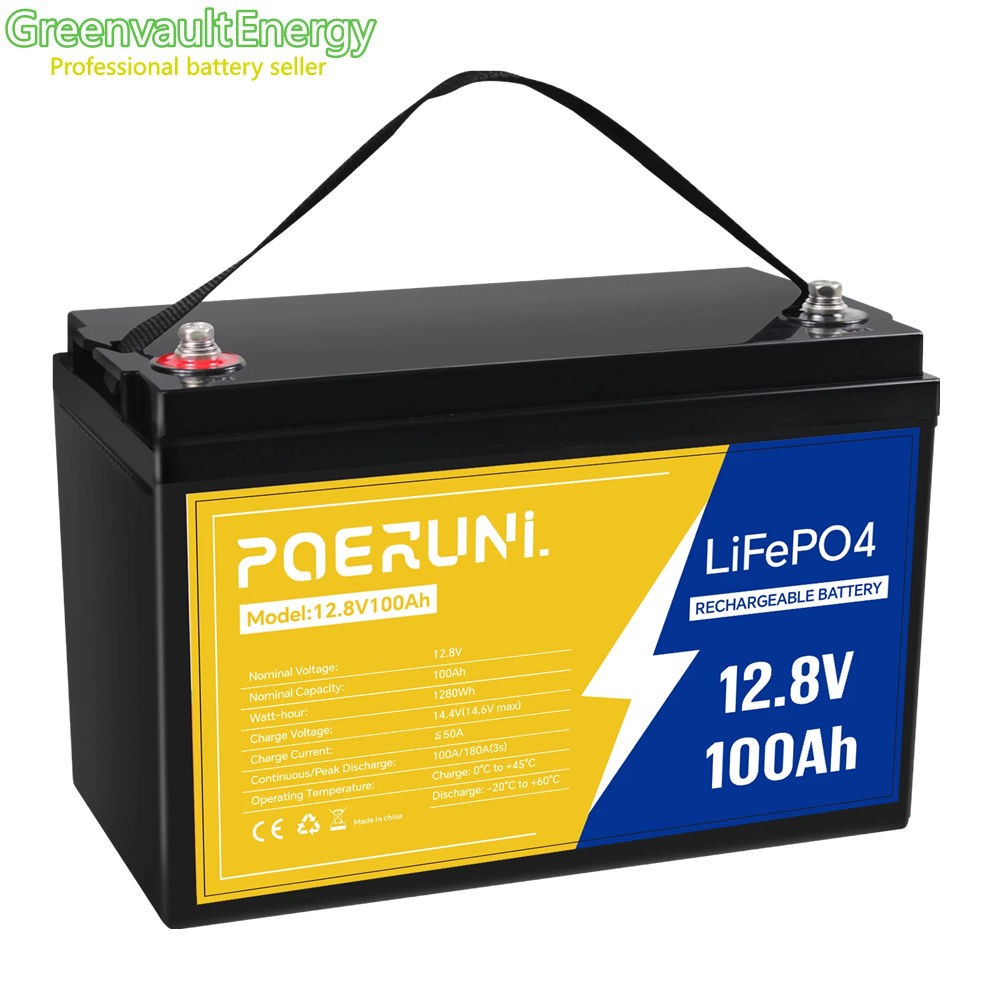 POERUNI 12.8V 1280Wh 100Ah LiFePO4 Lithium Battery Deep Cycles Built-in BMS NEW