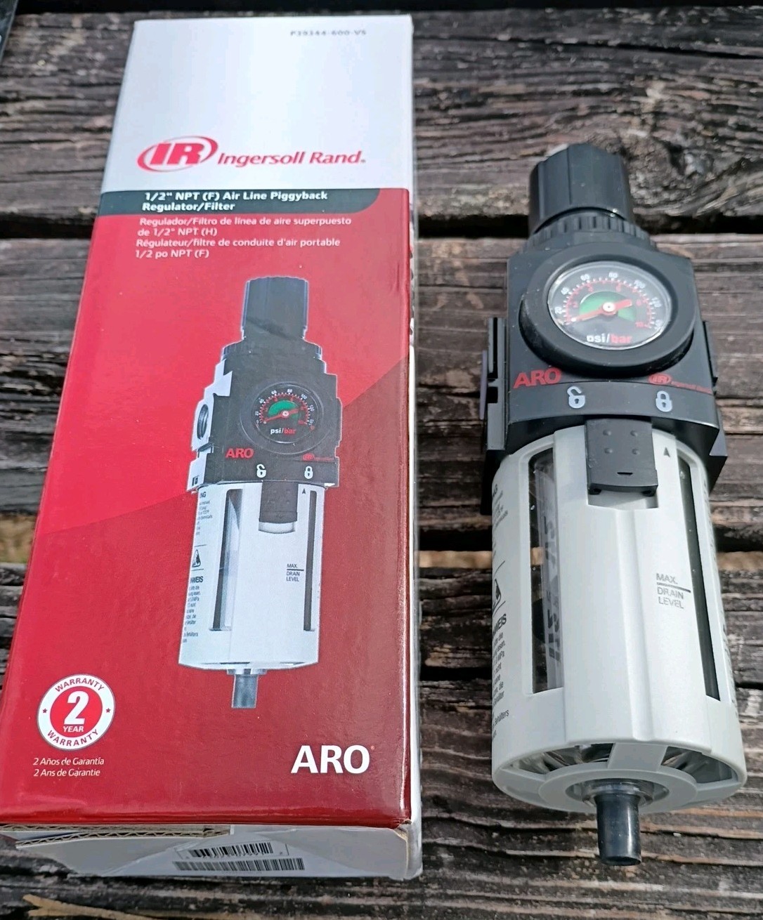 Ingersoll Rand ARO 1/2 NPT Air Line Piggyback RegulatorFilter P39344-600-VS. New
