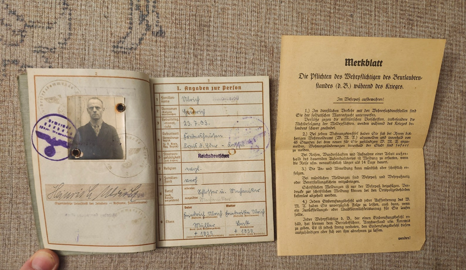 WW2 Germany.  Military ID  Marburg  1940