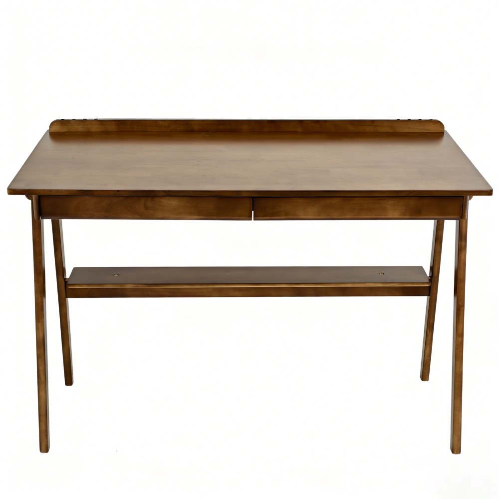Solid Wood Writing Desk, Mid-Century Modern with 2 Drawers & Shelf