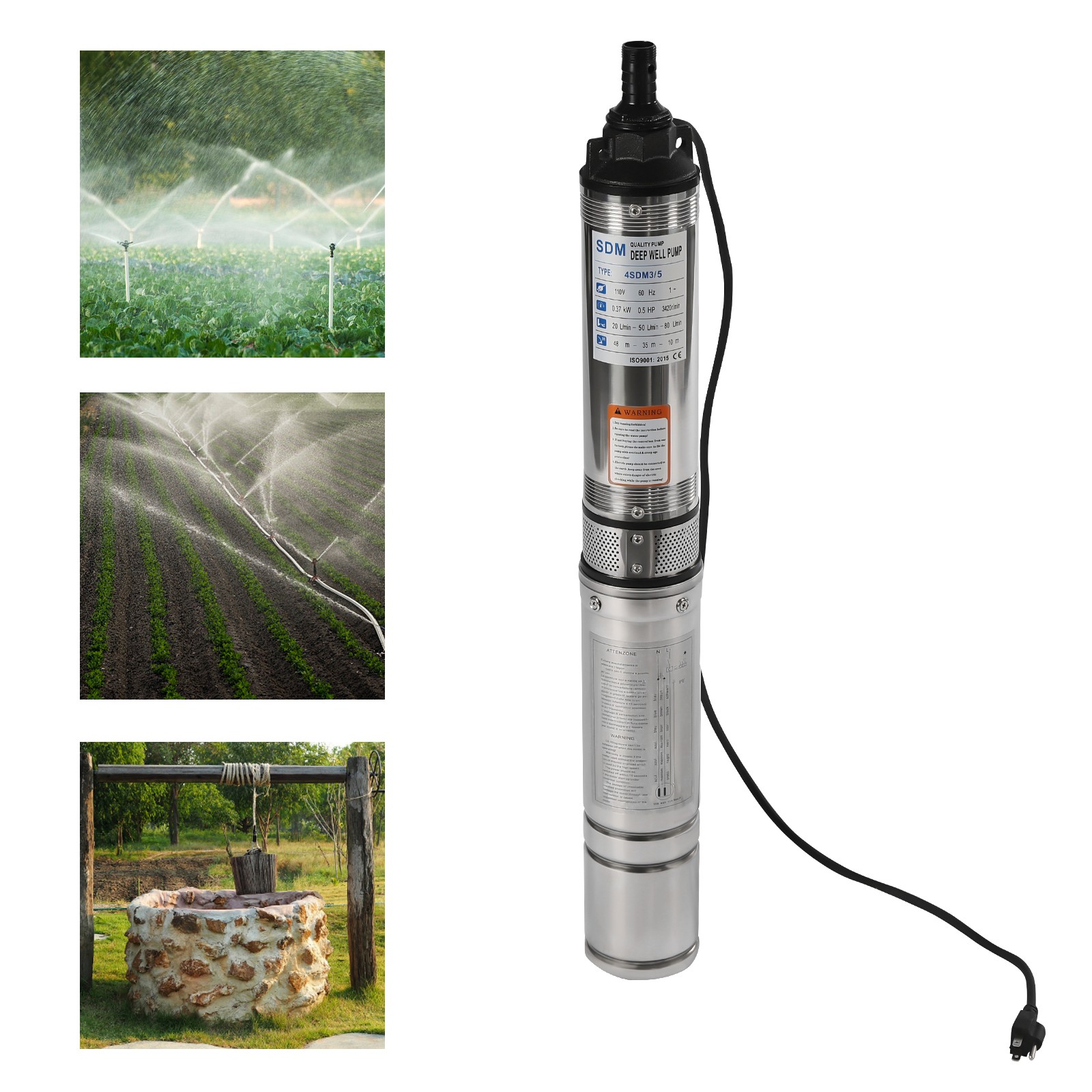 0.5HP Submersible Well Pump, 16GPM Stainless Steel, 110V Deep Water Pump