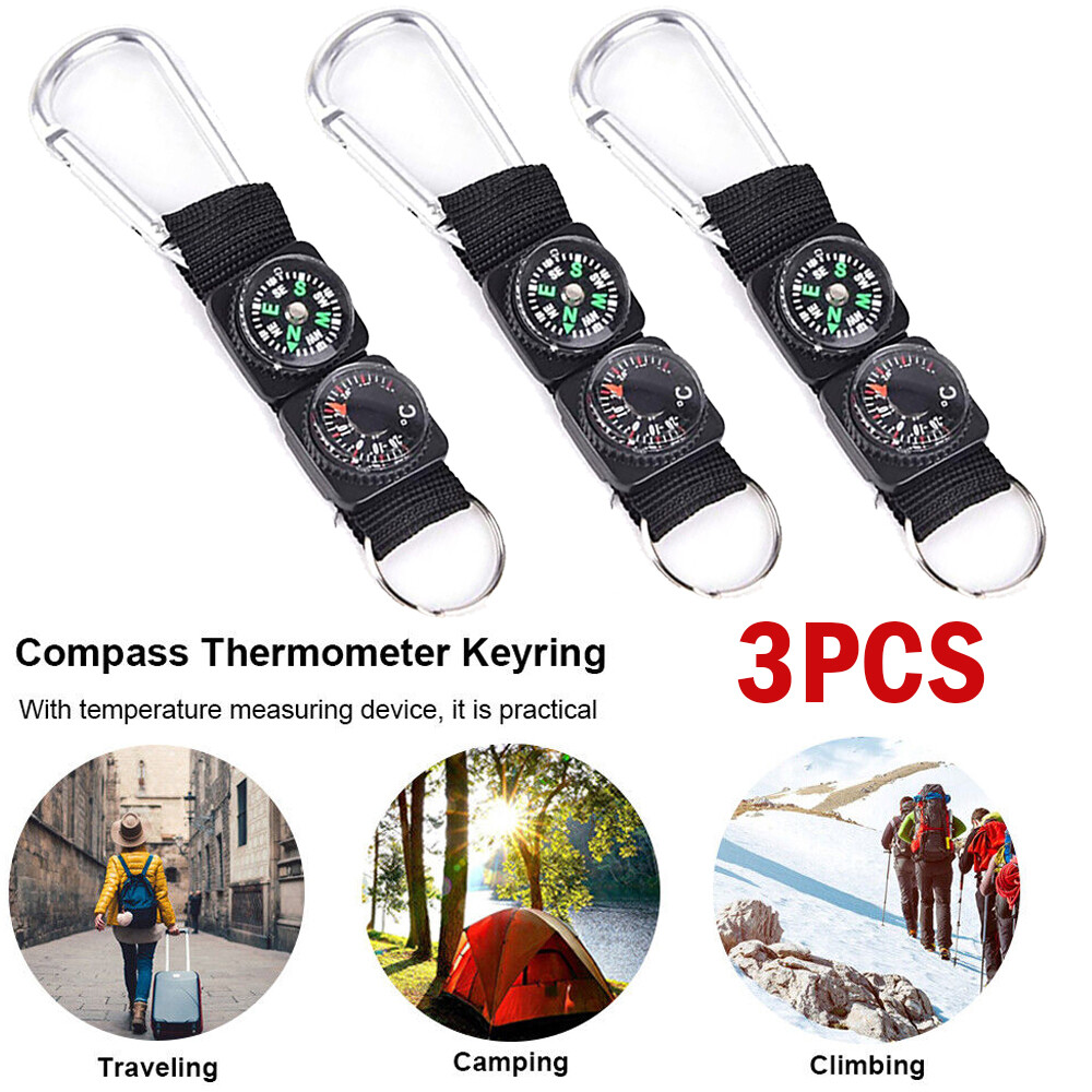 3PCS Mini Compass Thermometer Outdoor Camping Survival Keychain Carabiner Kits