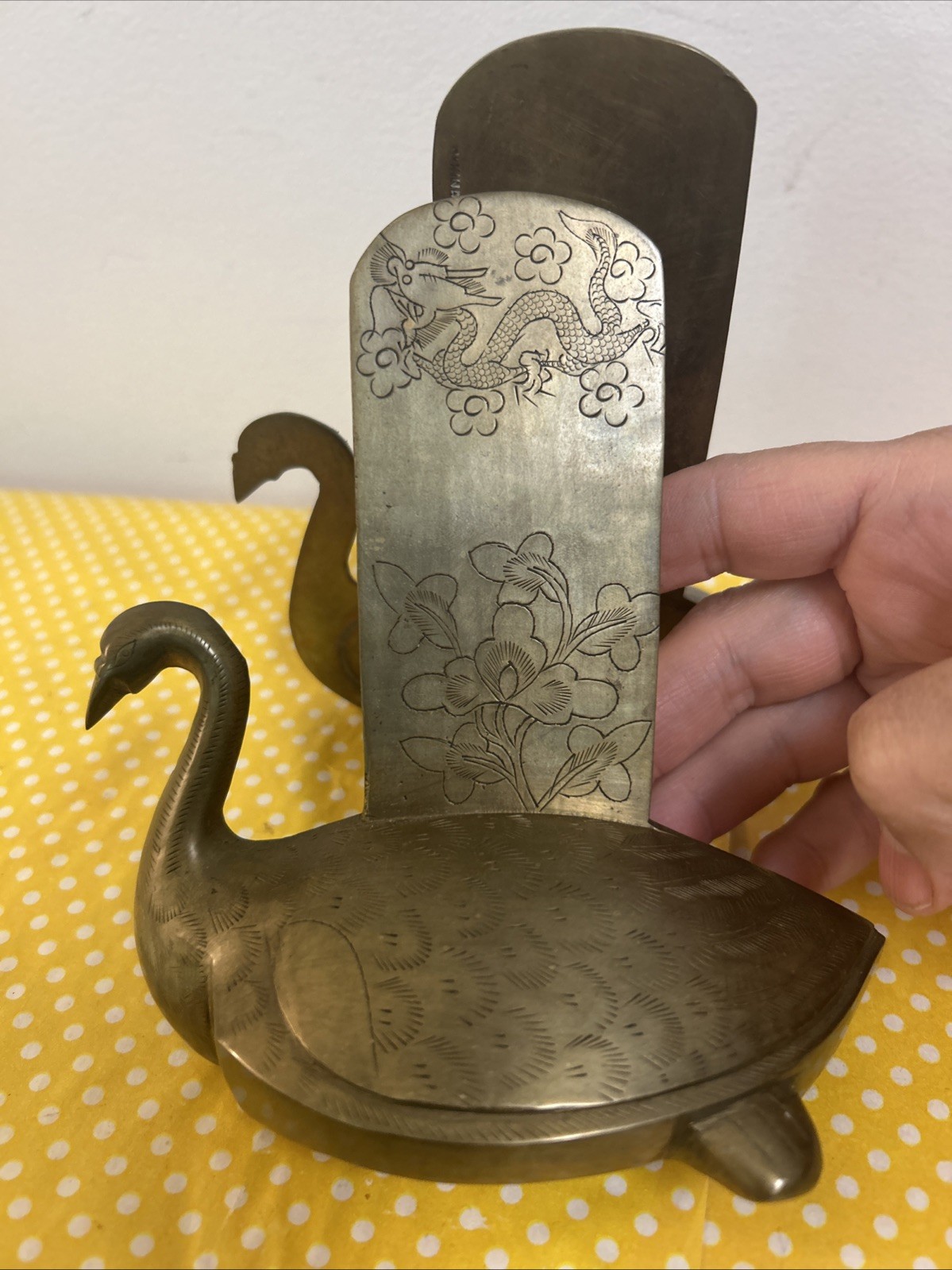 Pair Of Vintage Brass Swan Bookends Chinese Dragon Lotus Flower Carvings Heavy