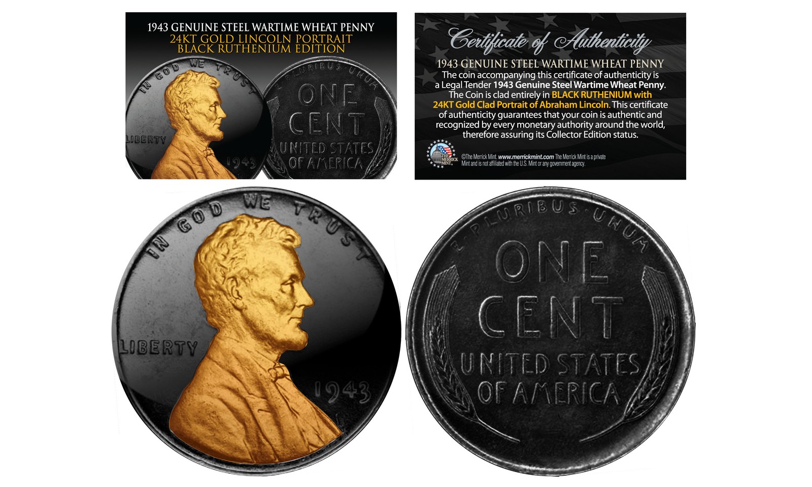 1943 Genuine BLACK RUTHENIUM & 24K Golden Abraham Lincoln STEEL WAR WHEAT PENNY