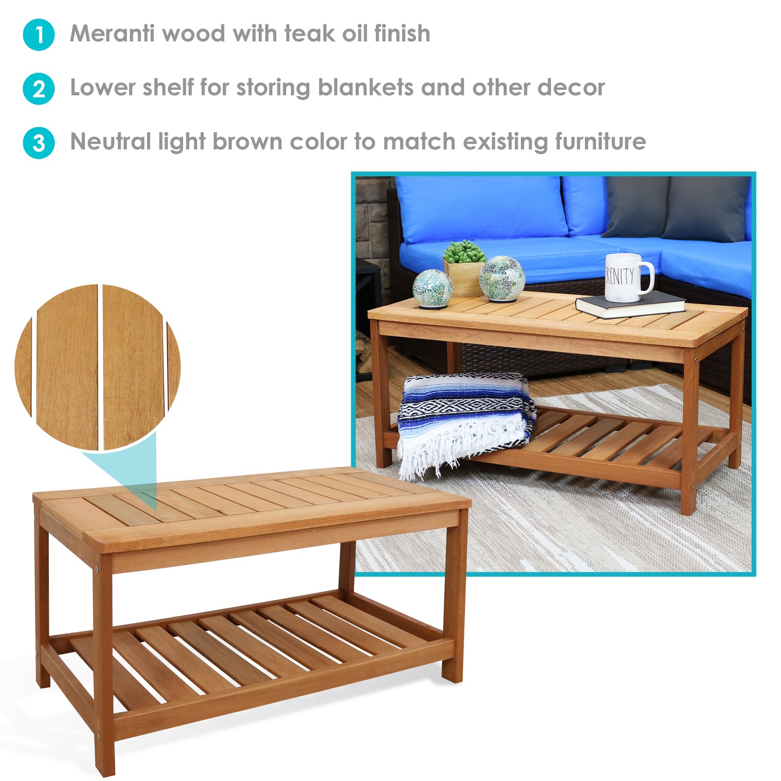 35.25 in Meranti Wood Rectangular Patio Coffee Table with Shelf by Sunnydaze