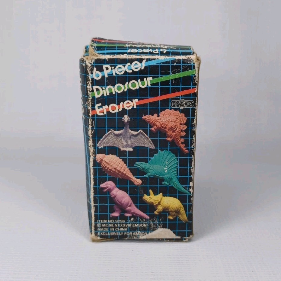 Rubber Dinosaur Eraser Set 6 Pieces Erasers With Box Vintage 1978 Emson