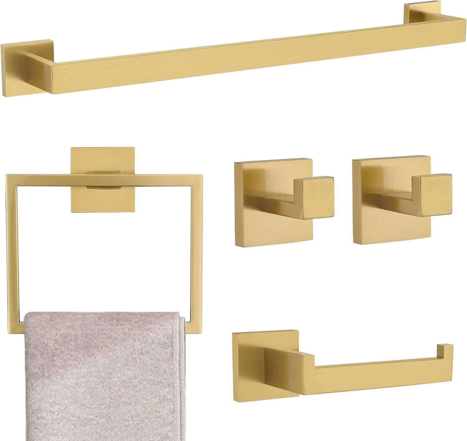 5-Pieces Matte Gold Bathroom Hardware Accessories Set 24 Inch Towel Bar Towe