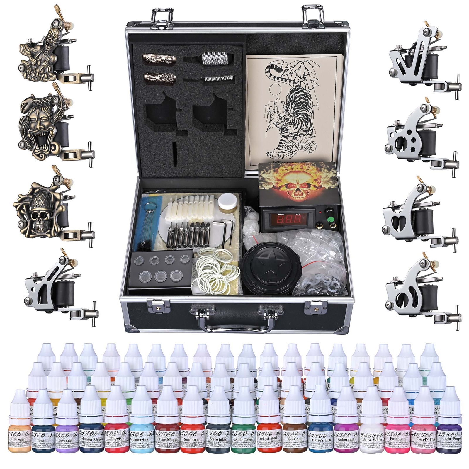 Complete Tattoo Kit 2 4 8 Tattoo Machine Guns 40 54 Ink Power Supply Equipment