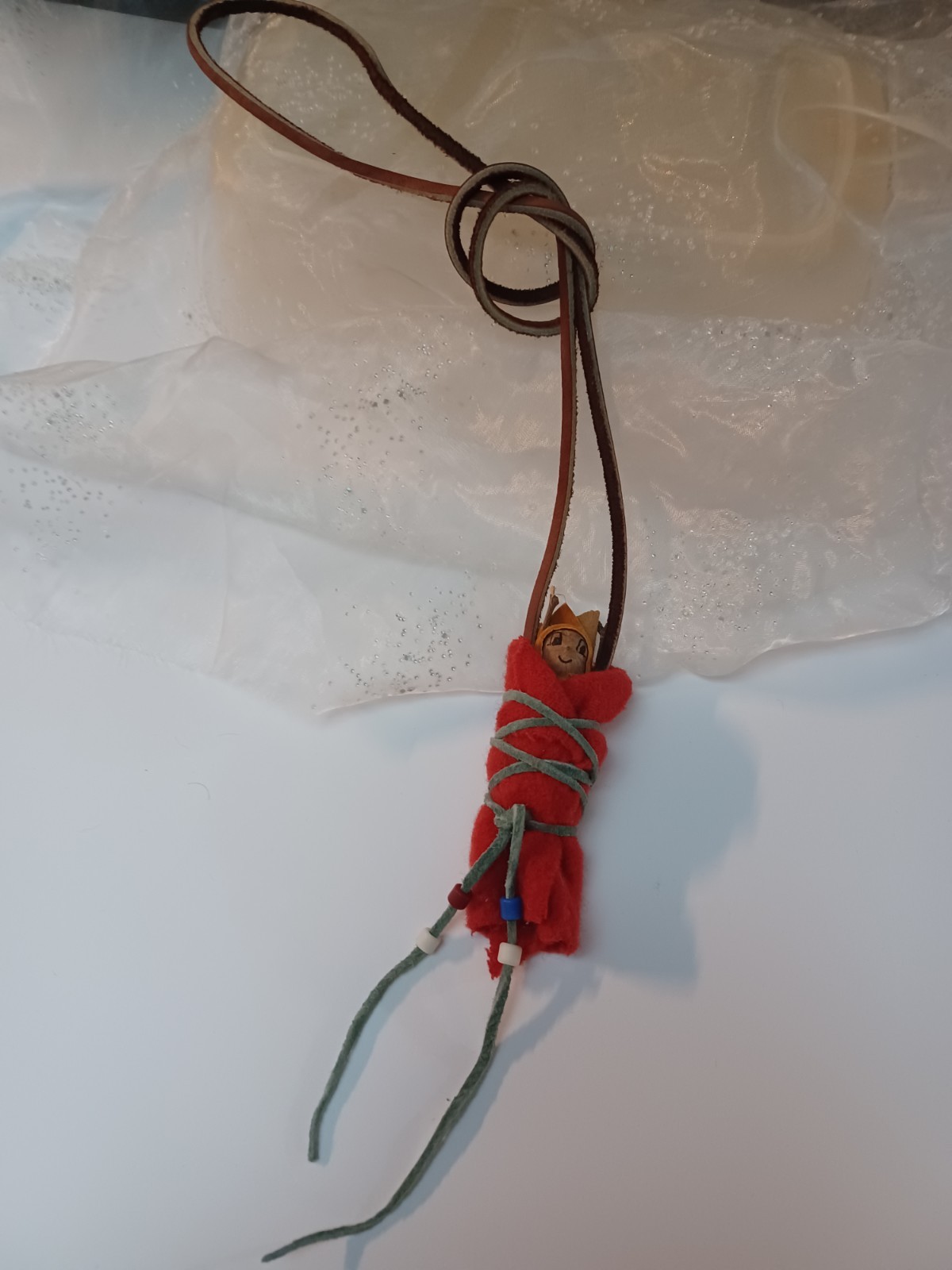 Primitive Hand Made Native American Baby In Papoose 4 Inches Leather