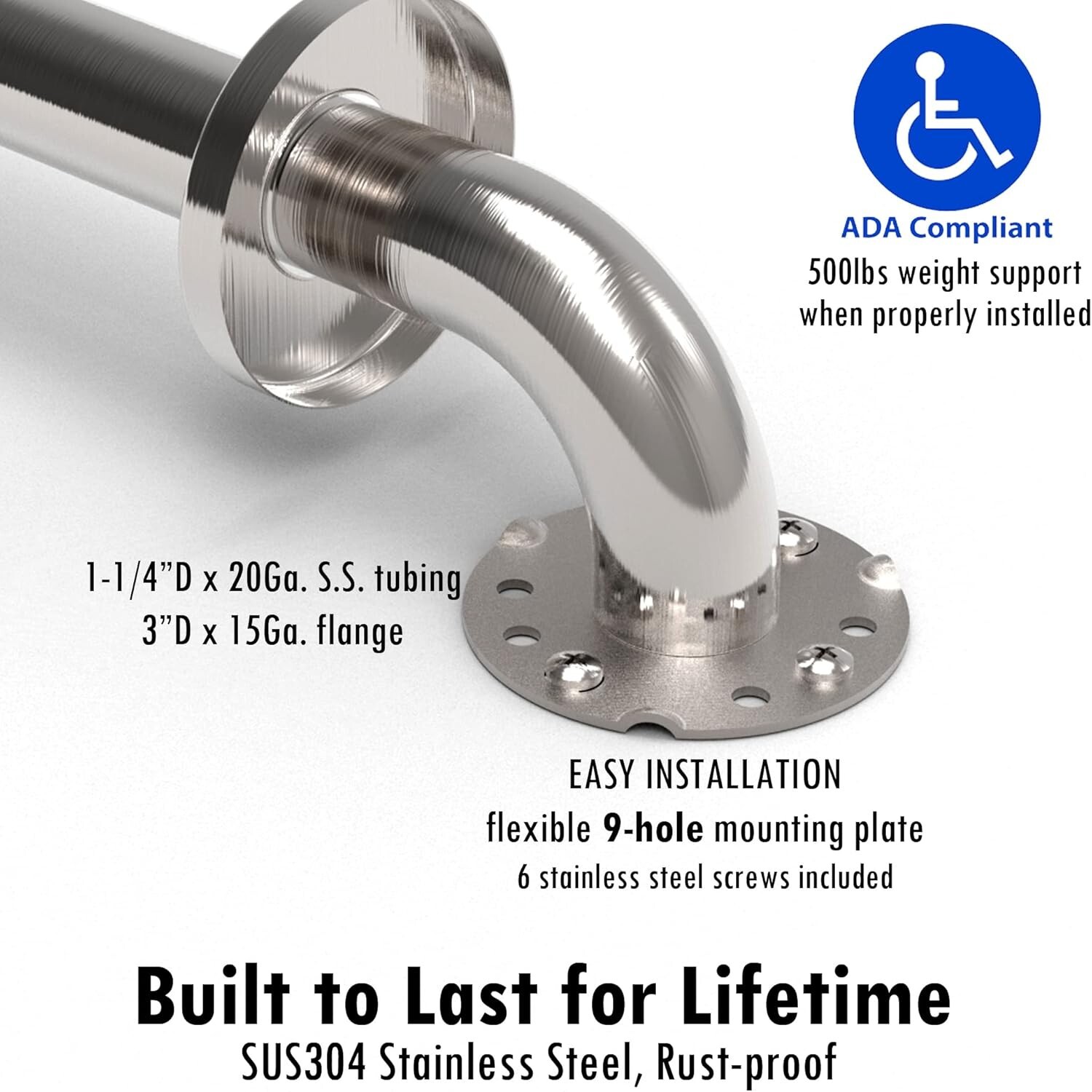 1-1/4 x 12/16/24/32inch ADA Stainless Steel Bath Safety Grab Bar for Shower