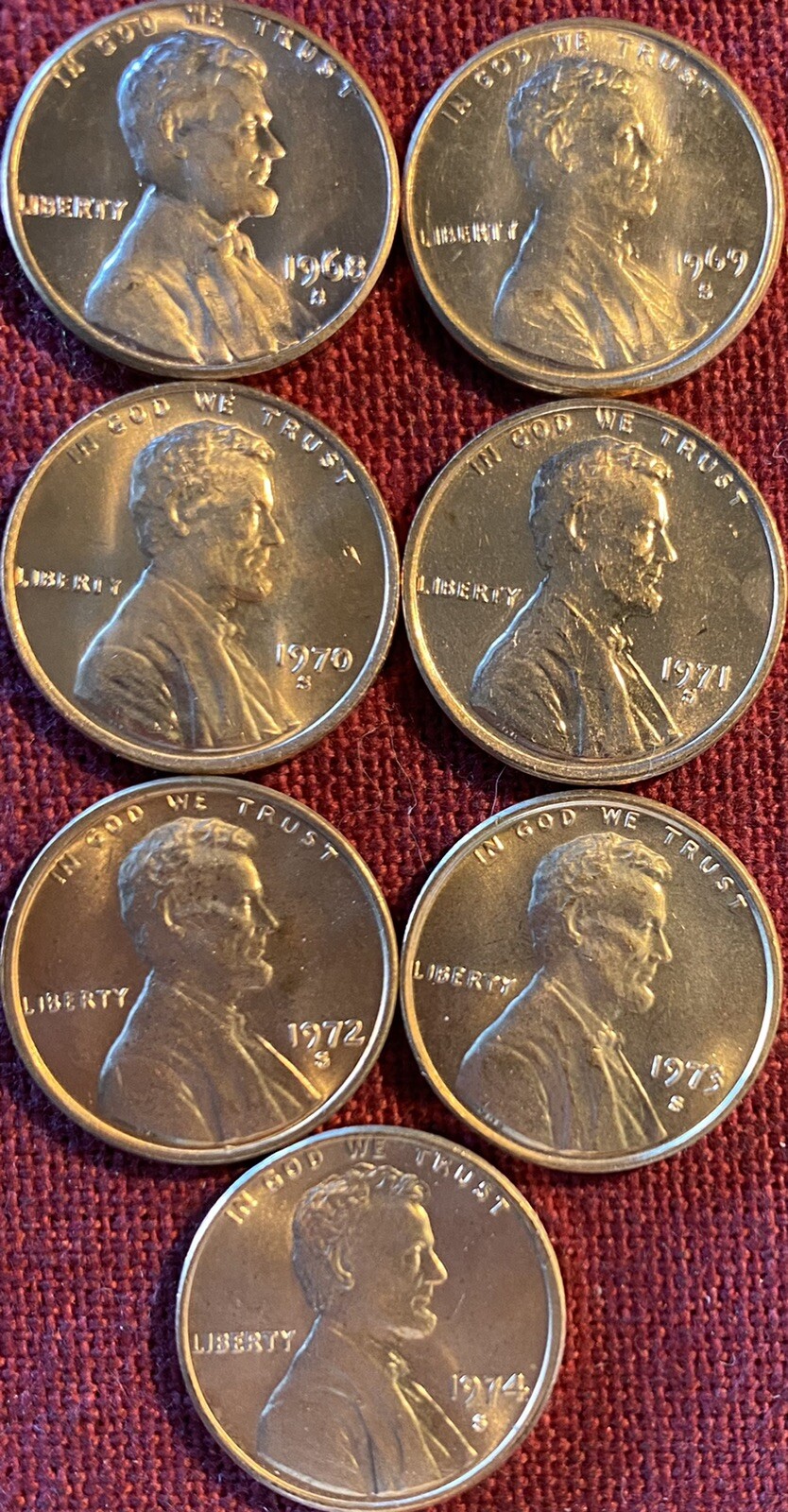 1968S 1969S 1970S 1971S 1972S 1973S 1974S 7 LINCOLN MEMORIAL CENTS UNCIRCULATED