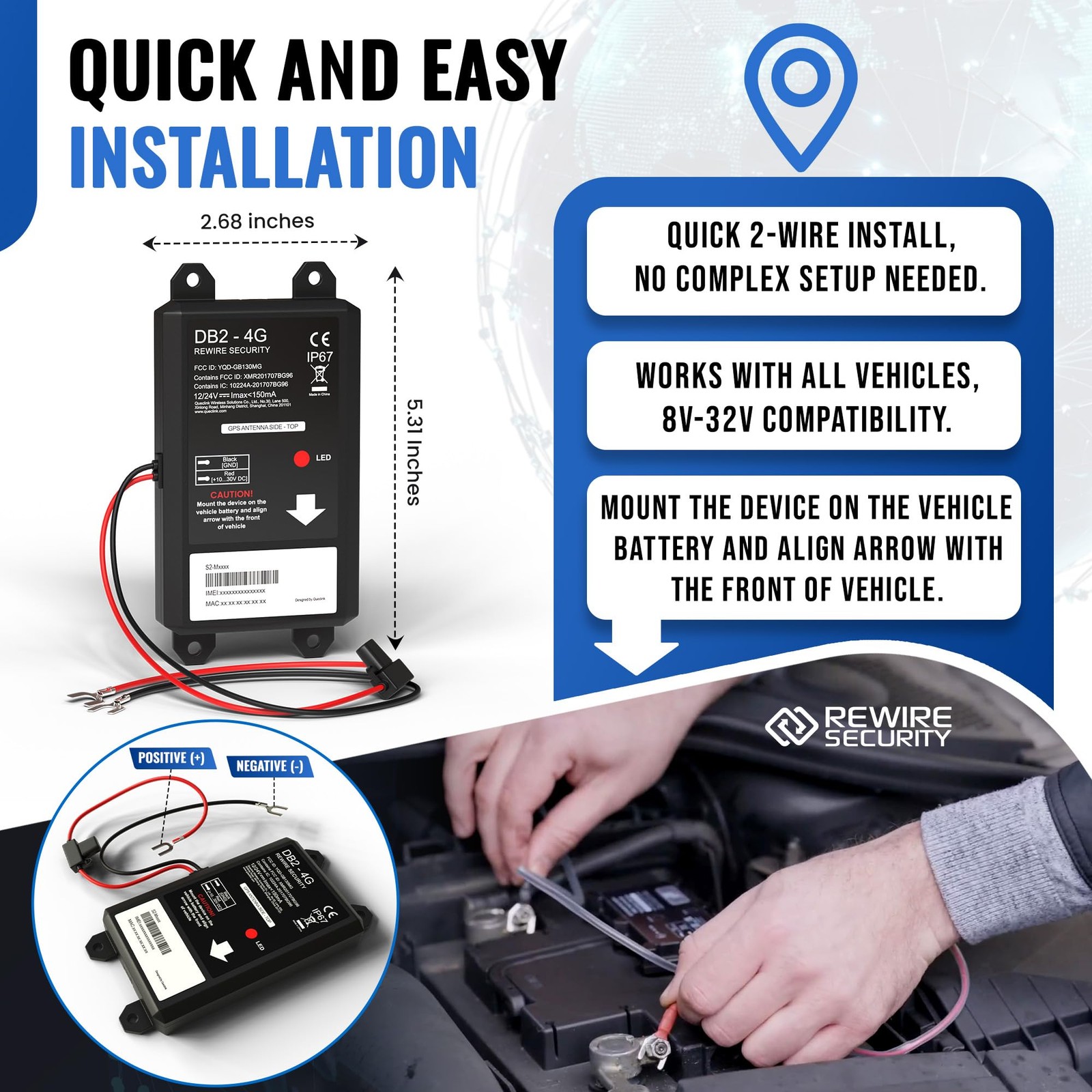 REWIRE SECURITY DB2-4G GPS Tracker for Vehicles – Real-Time Vehicle Black