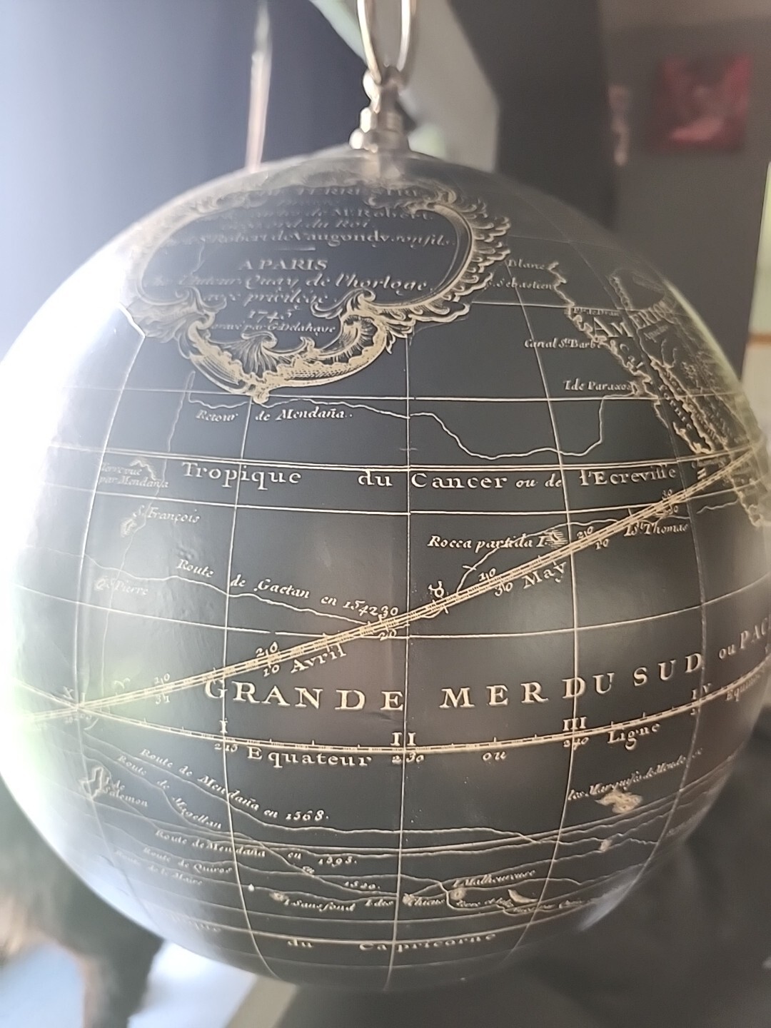 Black Vaugondy 1745 World Globe 13" Reproduction Decor Hanging Globe