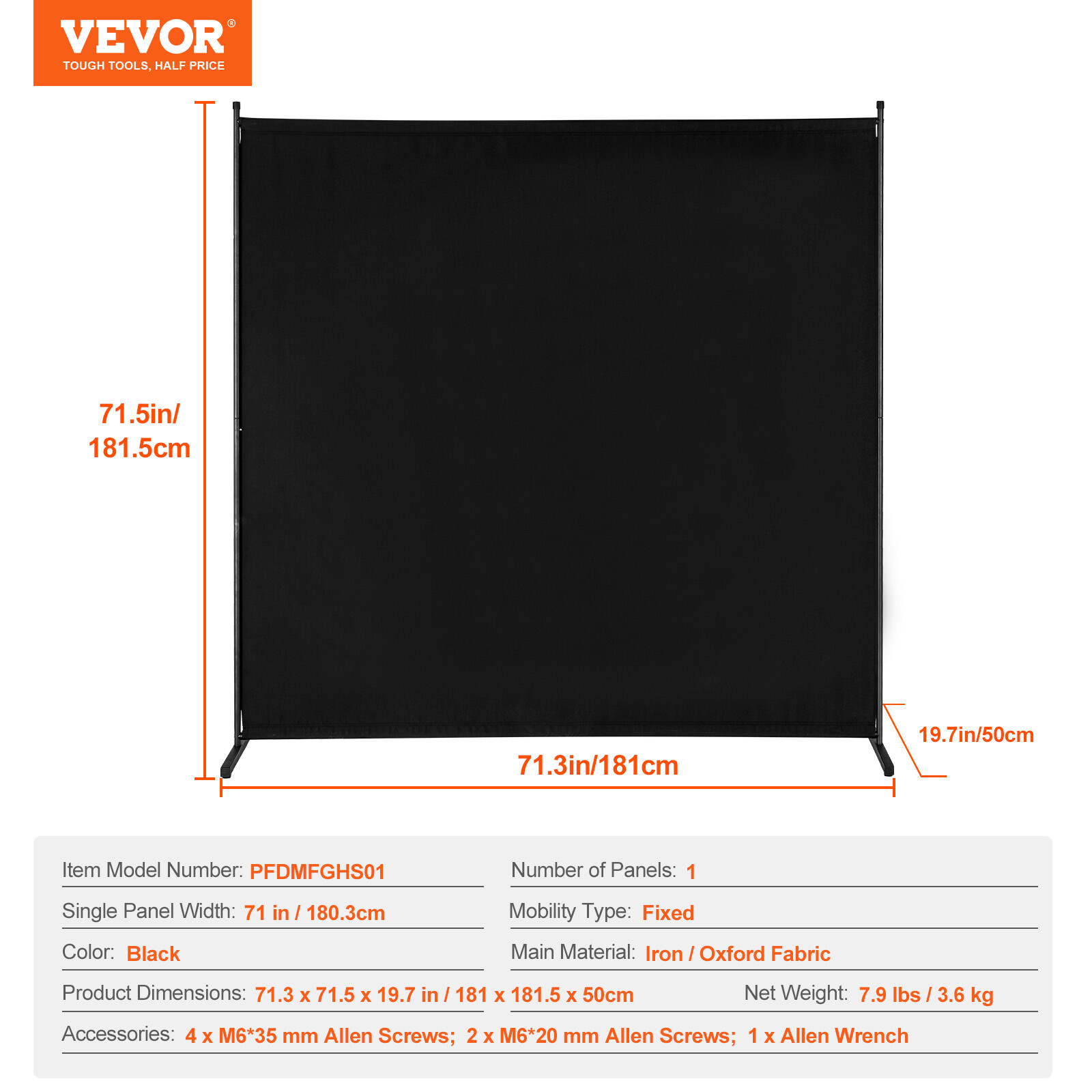 6FT Room Divider Single Panel Fabric Room Screen for Office Bedroom Black