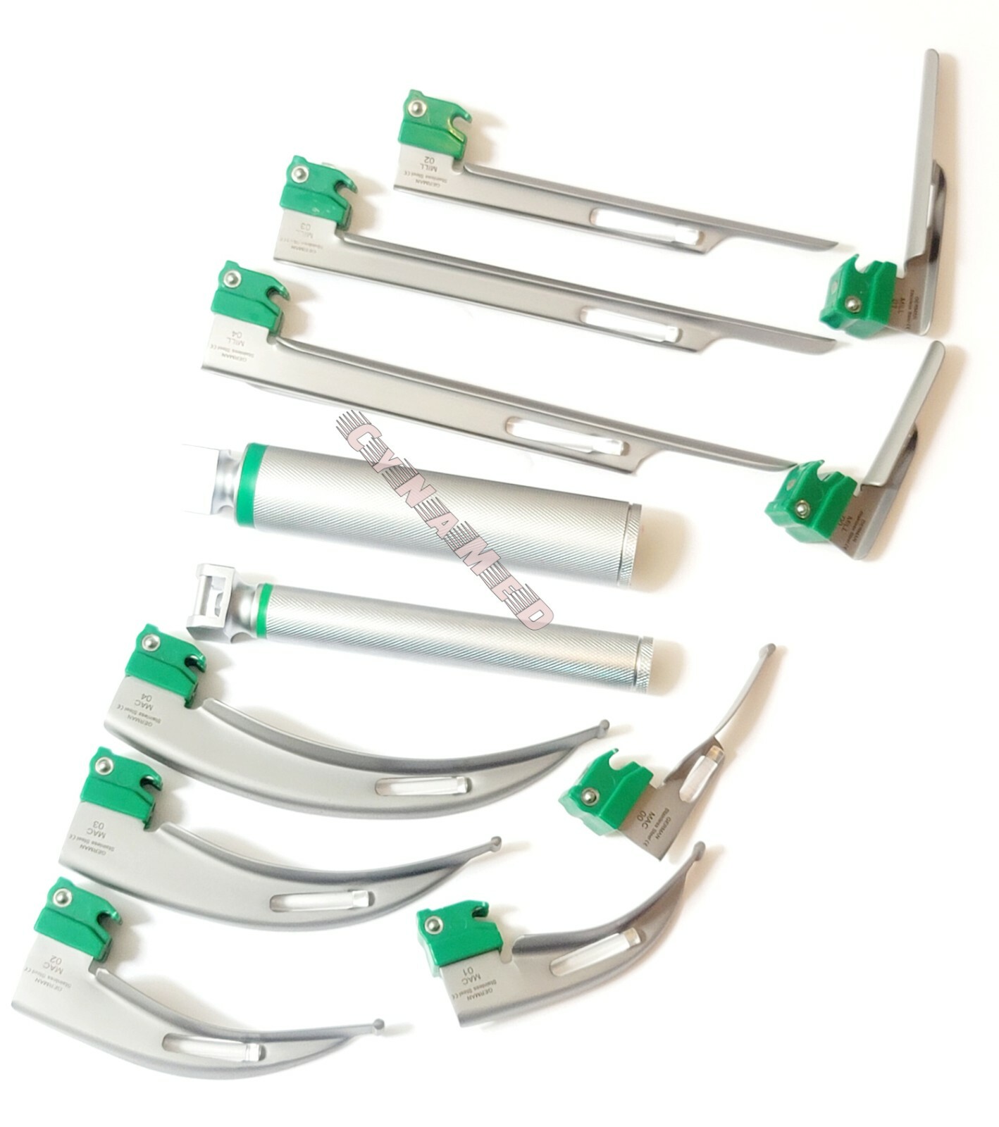 SET OF 10 FIBER OPTIC MAC & MILLER LARYNGOSCOPE BLADE+2 HANDLE INTUBATON kit