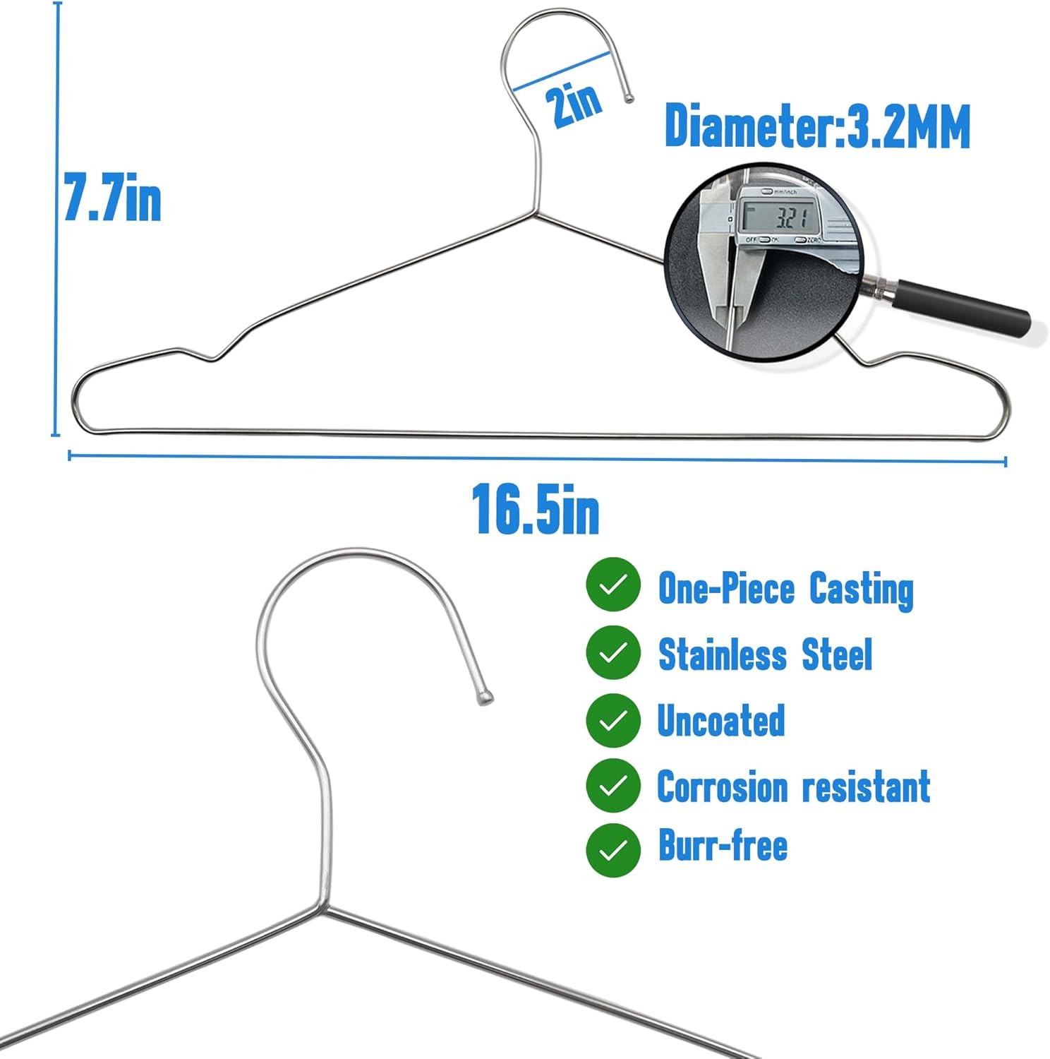 Wire Hangers 30 Pack, Heavy Duty, Space Saving, Stainless Steel, Silver, 16.5Inc