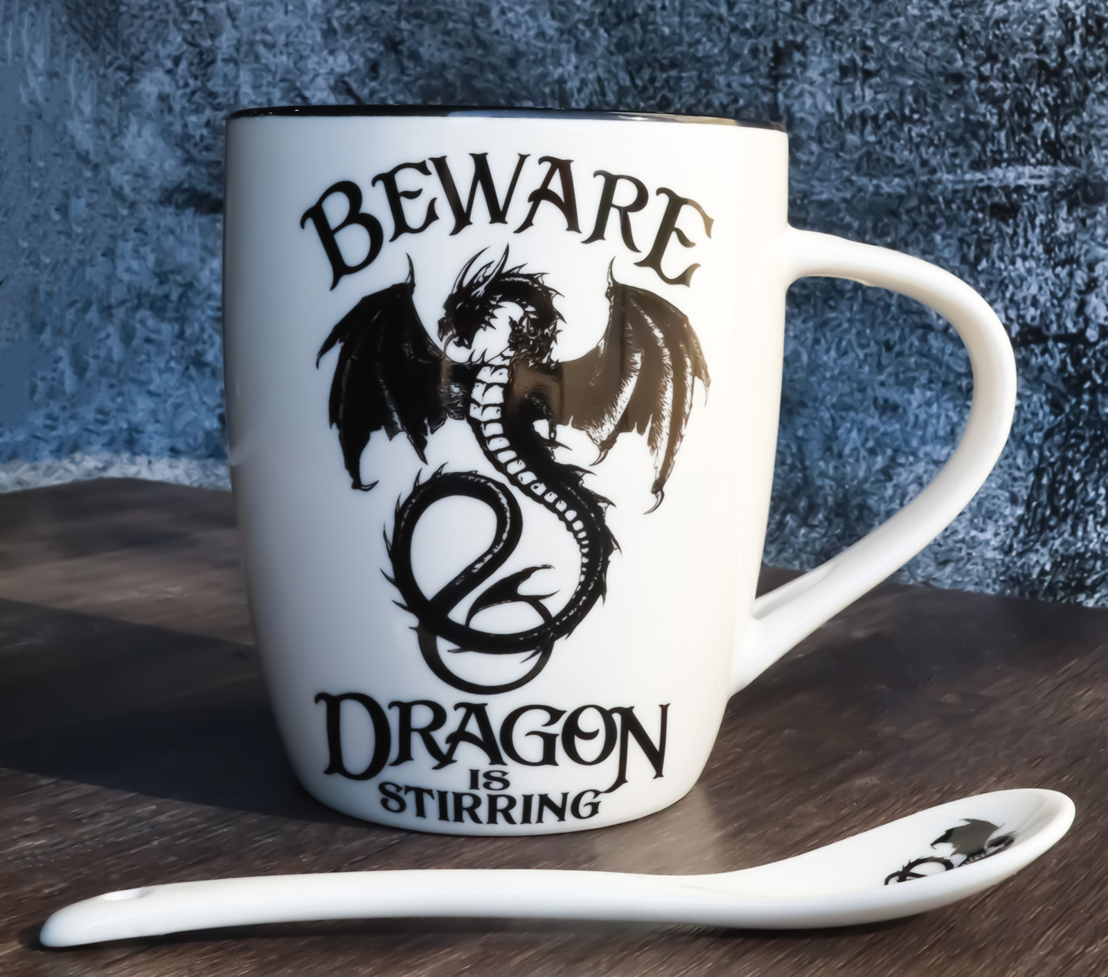 Ebros Altar Drake Beware Dragon Is Stirring Cocoa Tea Coffee Cup Mug & Spoon Set