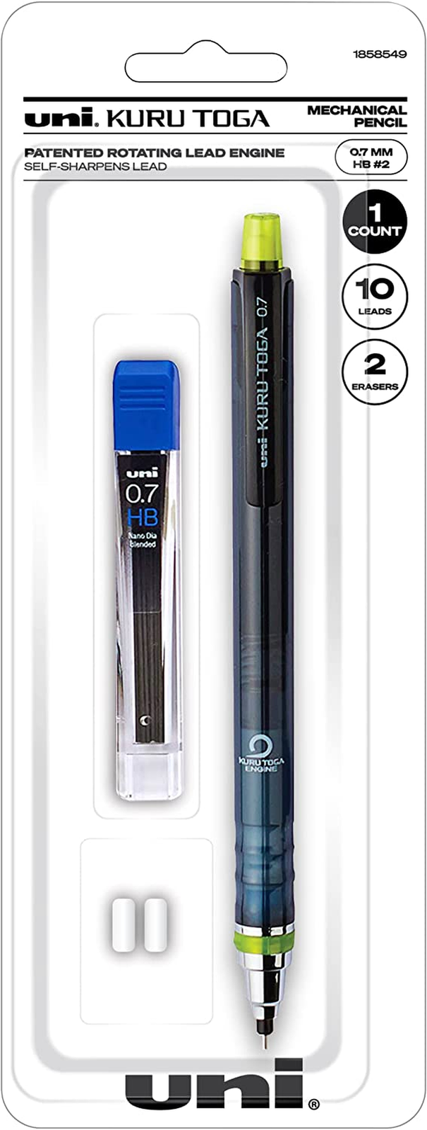 Kuru Toga Mechanical Pencil with 0.7 mm Lead Refills & Pencil Erasers HB #2