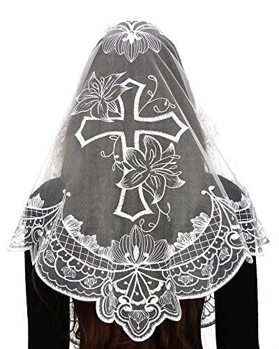 Catholic Mantilla Mass Veil - Triangle Cross Embroidery Church Lace White-1
