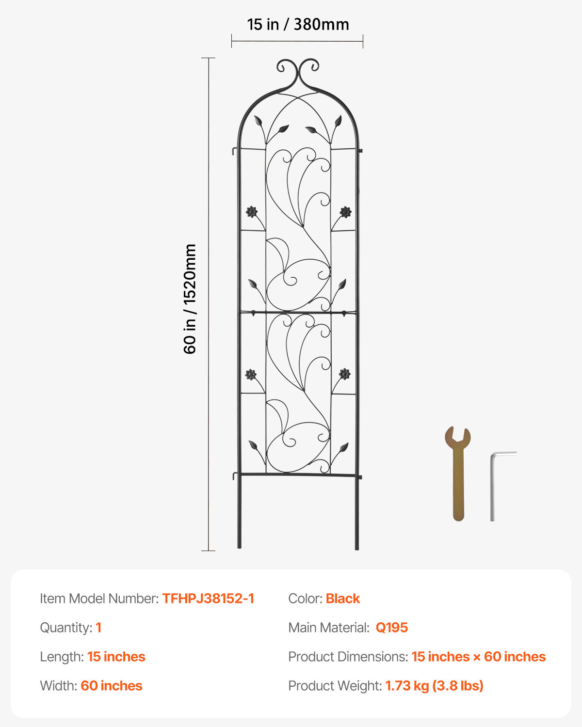 VEVOR Metal Garden Trellis for Climbing Plant Support 60 x 15 in Rustproof
