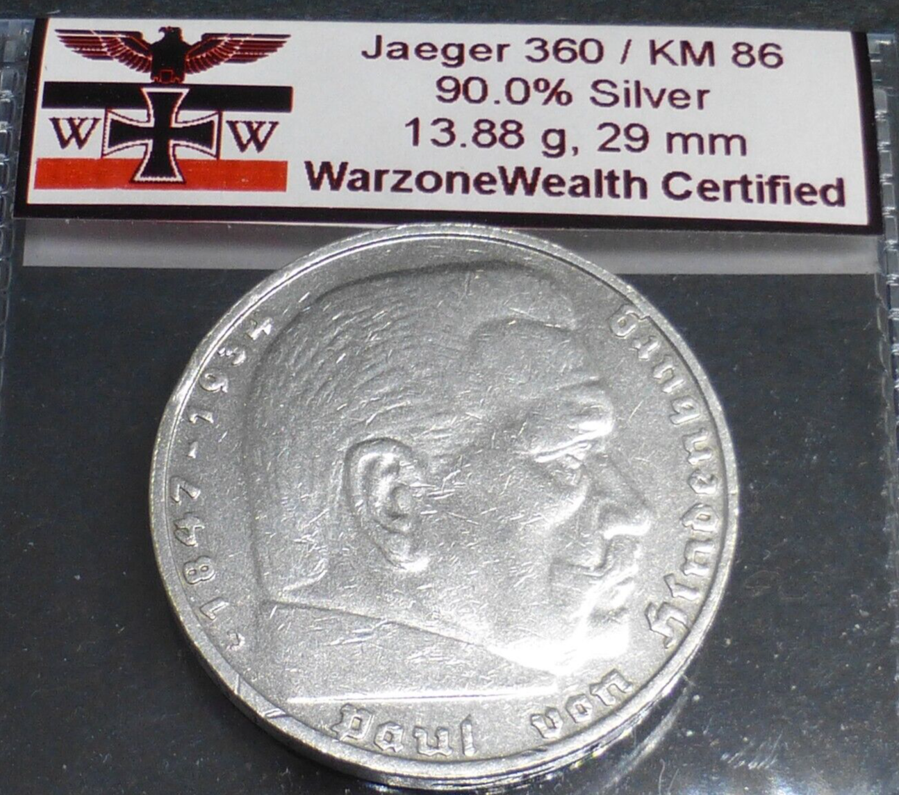 Nazi Silver Coin 5 Reichsmark Third Reich Germany Beautiful Hindenburg WW2 Relic