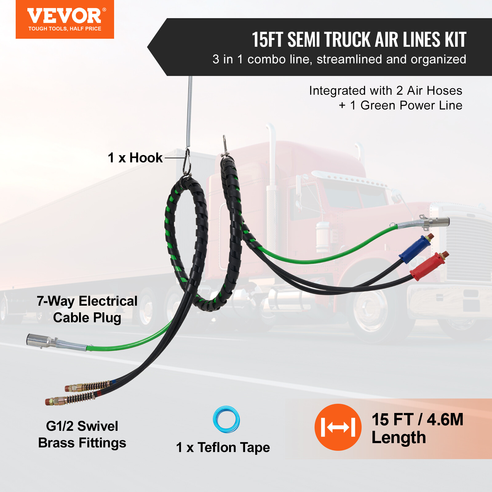 VEVOR 12FT Semi Truck Air Lines Kit 3-in-1 Air Hoses & 7-Way Plug ABS Power Line